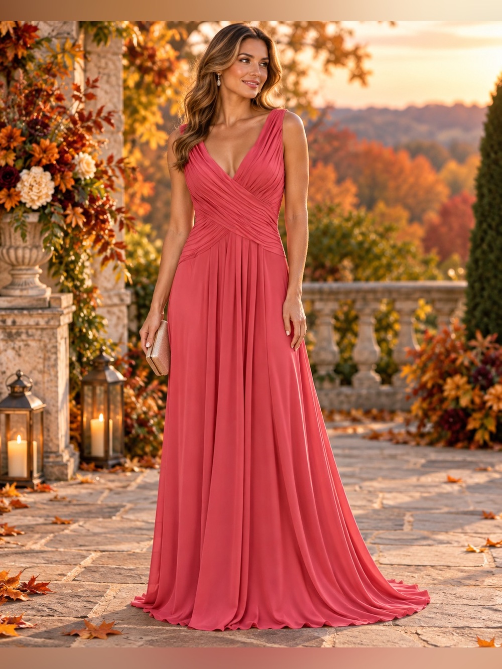 Sangria Coral Ruched V-Neck Formal Maxi Evening Gown Size 16